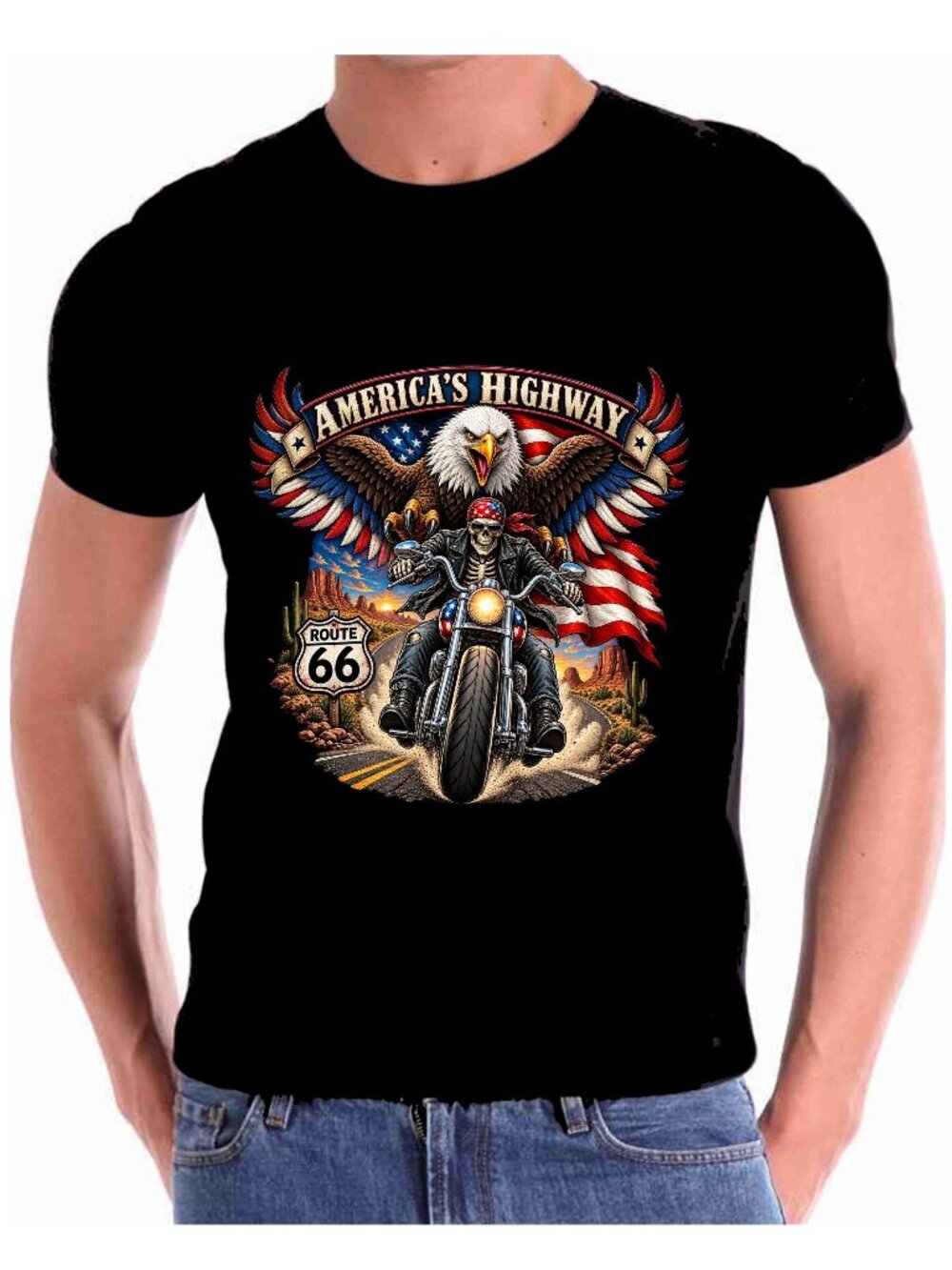 Motorcycle T shirt Art Ame3rica's Highway route 66 Eagle Accents 00% U.S. cotton